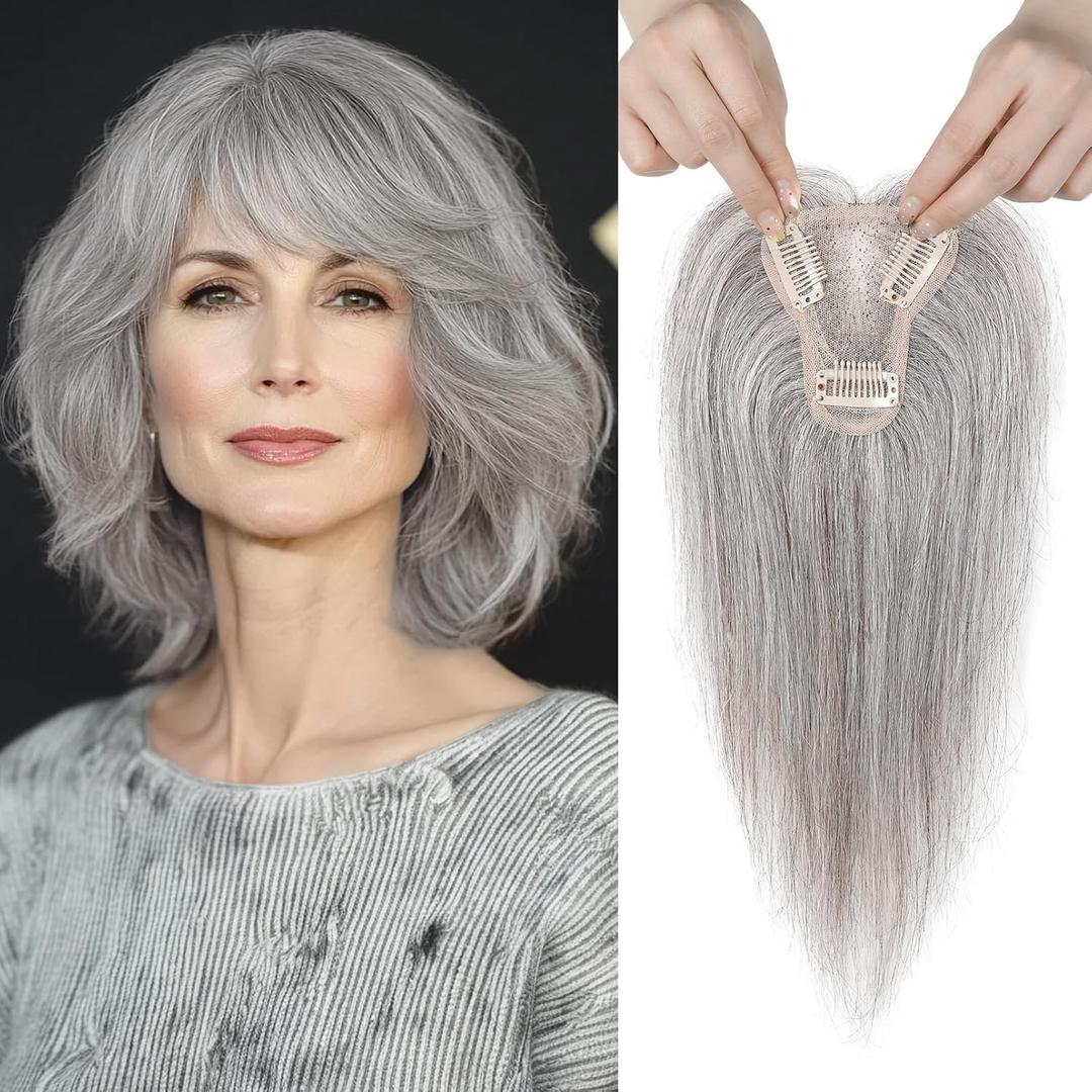 REECHO 10" Real Human Hair Topper for Women with Thinning Hair, Clip-in Crown Hairpiece for Instant Volume and Gray Root Coverage Real Hair Toppers Wiglett, Standard Base, Salt & Pepper