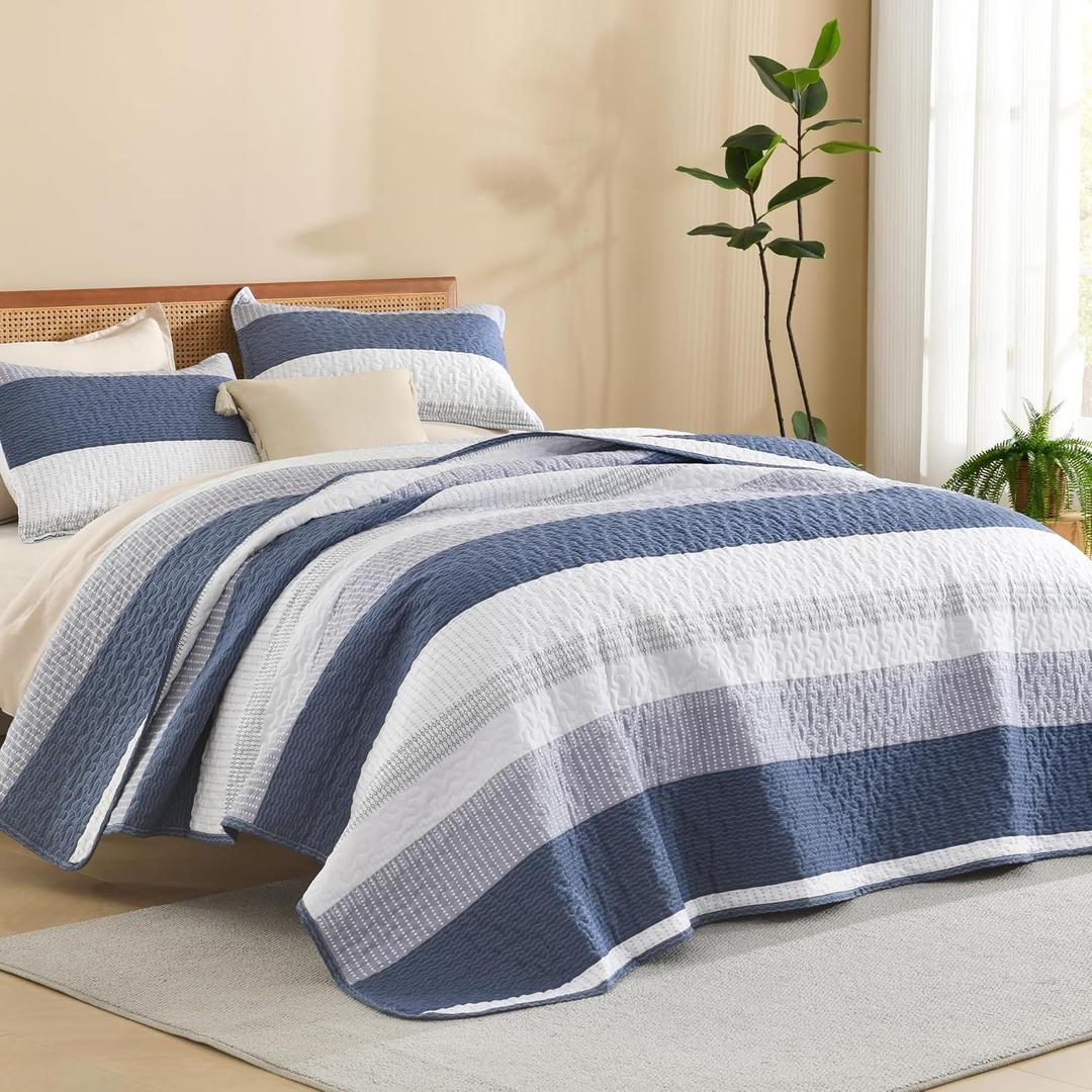 Litanika Quilt King Size Mineral Blue, Stripe Patchwork Summer Bedspread Coverlet 3 Pieces, Soft Lightweight Polyester Quilted Bedding Set for All Season(1 Quilt, 2 Pillowcases)
