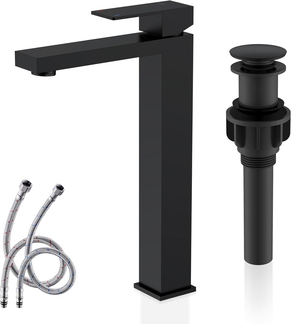 KENES Matte Black Bathroom Faucet Single Handle Tall Vessel Sink Faucet Vanity Bathroom Faucet Basin Mixer Tap with Water Supply Hose and Pop Up Sink Drain, LJ-9031A-2