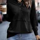 SHEWIN Women's Casual Long Sleeve Stand Neck Sweatshirt Lightweight Button Drawstring Pullover Tops (Black, L)
