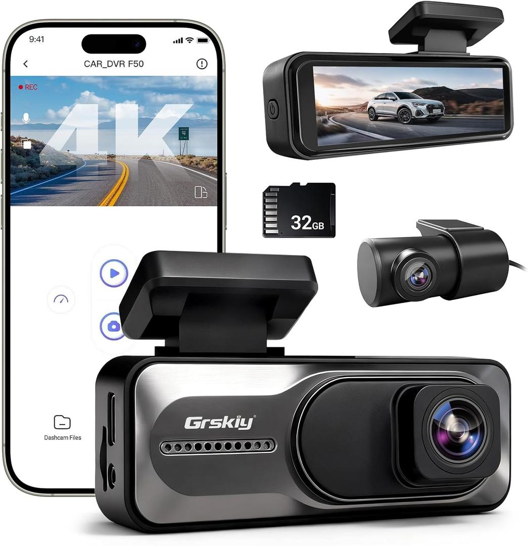 4K Front and Rear Dash Cam, Night Vision, 5GHz WiFi & APP Control, G-Sensor, Parking Monitor, Loop Recording, 170° Wide Angle, 3.2 Inch Screen, Dash Camera with 32GB SD Card