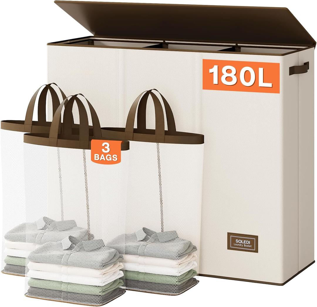 SOLEDI 180L Laundry Hamper 3 Section, Extra Large Laundry Hamper with Lid, Dirty Clothes Hamper with Sturdy Handle, Large Laundry Basket Organizer for Laundry Room, Bedroom, Hampers for Laundry (Off-white)