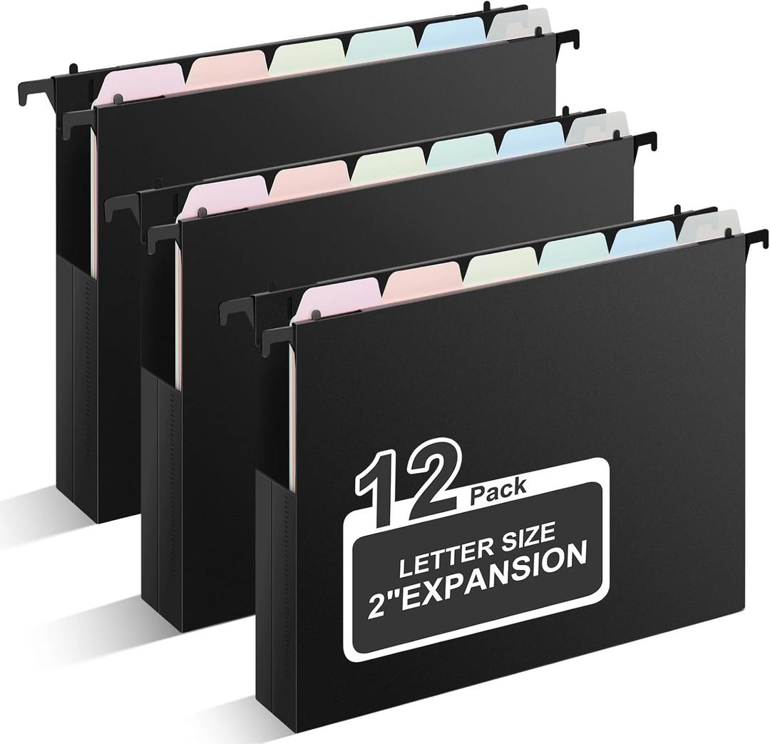Uquelic Plastic Hanging File Folders Letter Size, 12 Pack Reinforced Heavy Duty Hang Folder with Movable Pastel Dividers, Adjustable Tabs, 2" File Organizer for Filing Cabinet, School, Office (Black&macaron)