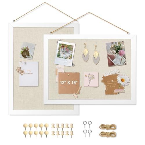 AMUSIGHT 2-Pack Double-Sided Cork Board with Linen, 16" x 12" Hanging Wood Framed Bulletin Board, Picture Display Vision Board Kit Corkboards for Wall School Office Decor, 20 Pushpins (Vintage White)