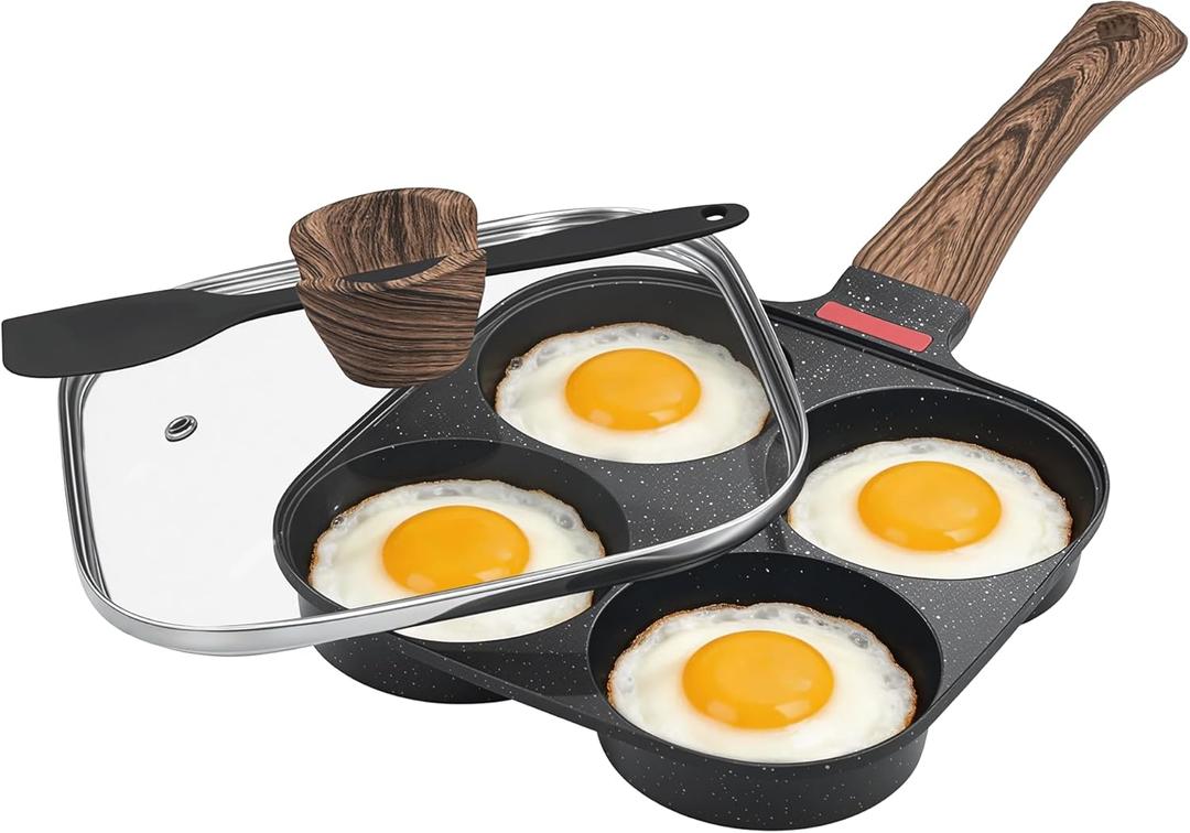 Nonstick 4-Cup Egg Pan With Lid, Black Aluminum Non Stick Frying Pans, Bakelite Handle, Healthy Egg Frying Pan For Pancake, Burger, Sandwiches,Suitable For Gas Stove & Induction Cooktop