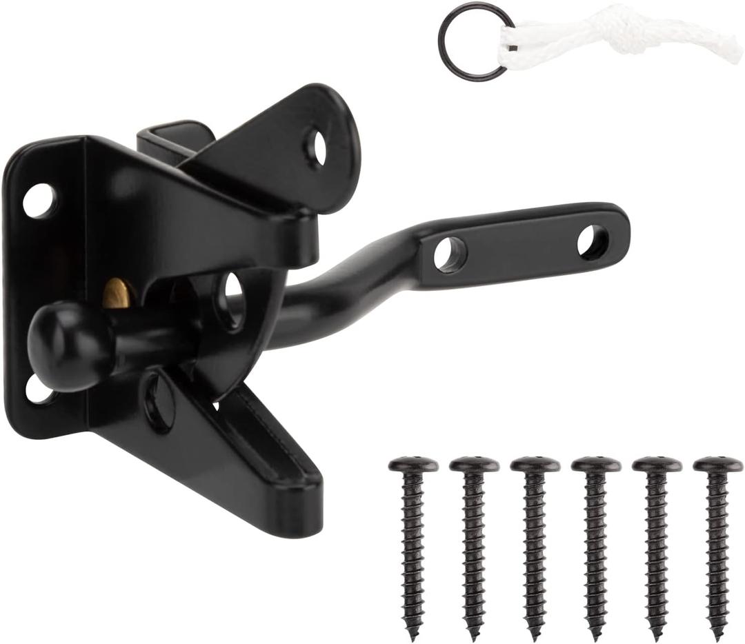 Self-Locking Gate Latch for Wooden Fence, Automatic Gravity Lever Fence Lock Gate Hardware with Longer Fasteners & Pull String for Outdoor Secure Pool, Garden, Black Finish