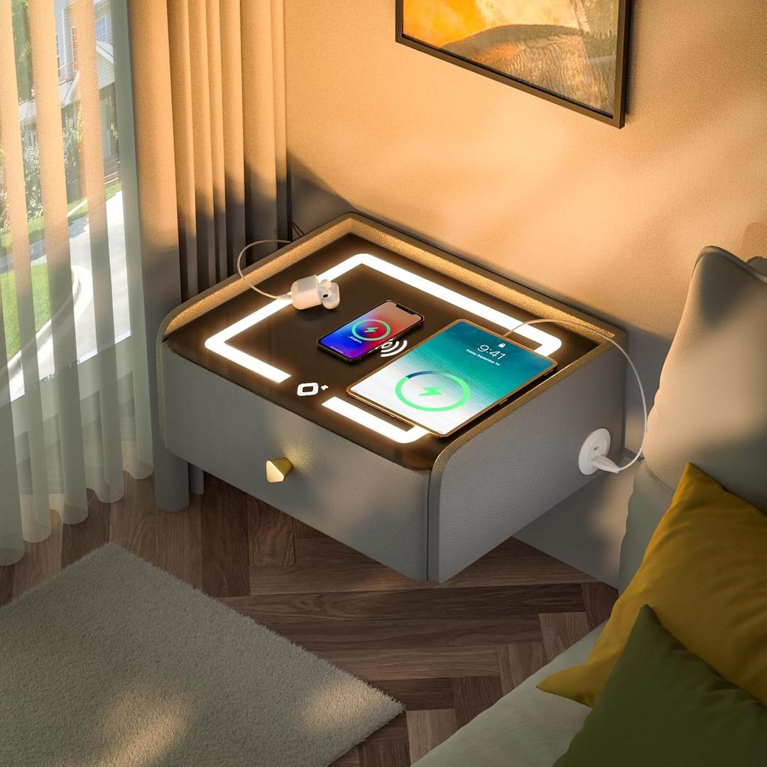 Floating Nightstand with Charging Station Bedside Table LED Smart Bedside Table Wall Mounted Nightstand Grey