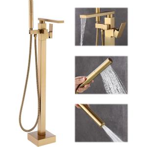 Free Standing Tub Faucet, Floor Mount Bathroom Tub Filler, Single Handle Freestanding Bathtub Shower Faucets with Handheld Sprayer, Brushed Gold