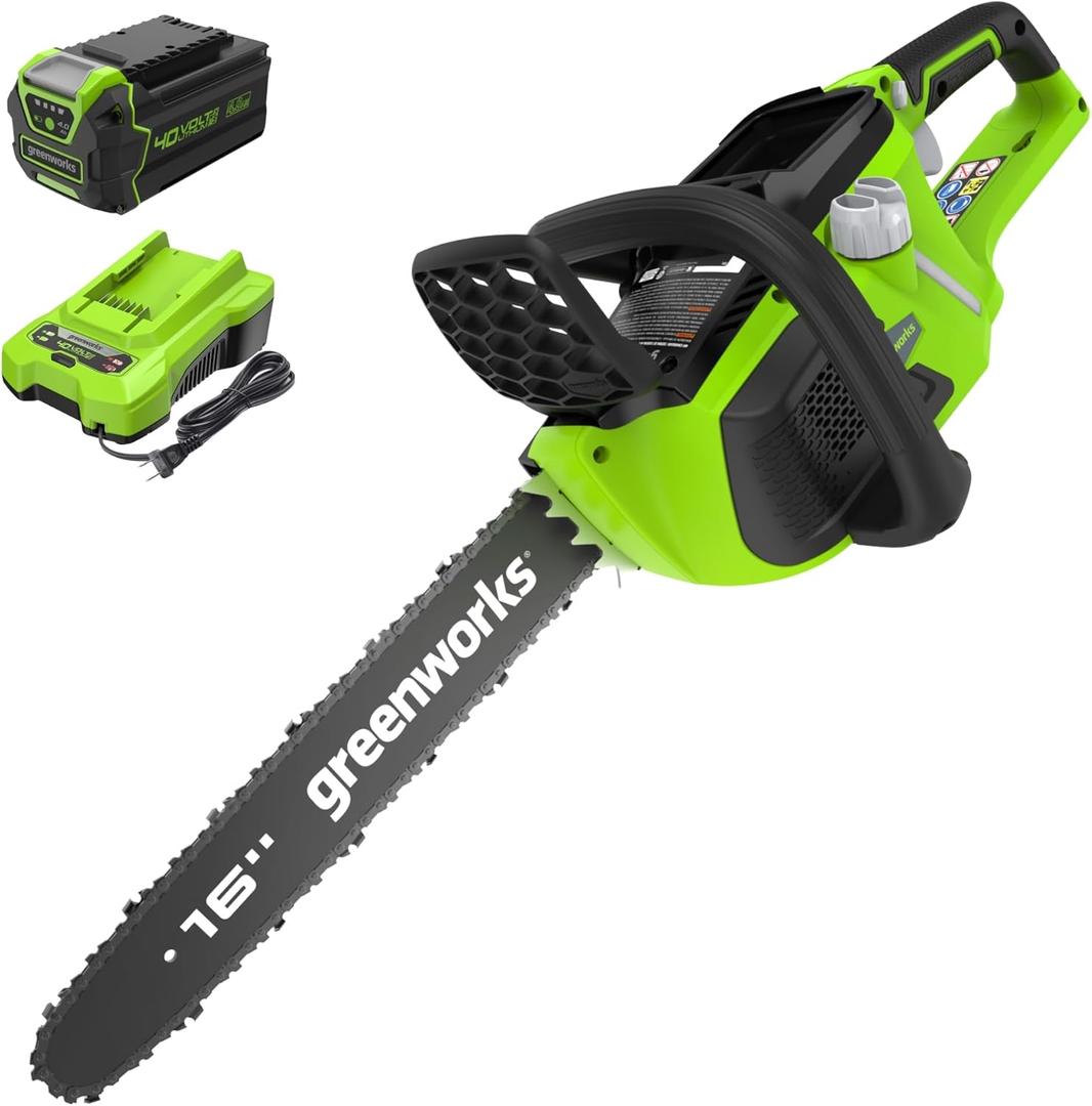 Greenworks 40V 16" Brushless Cordless Chainsaw, 4.0Ah Battery and Charger Included