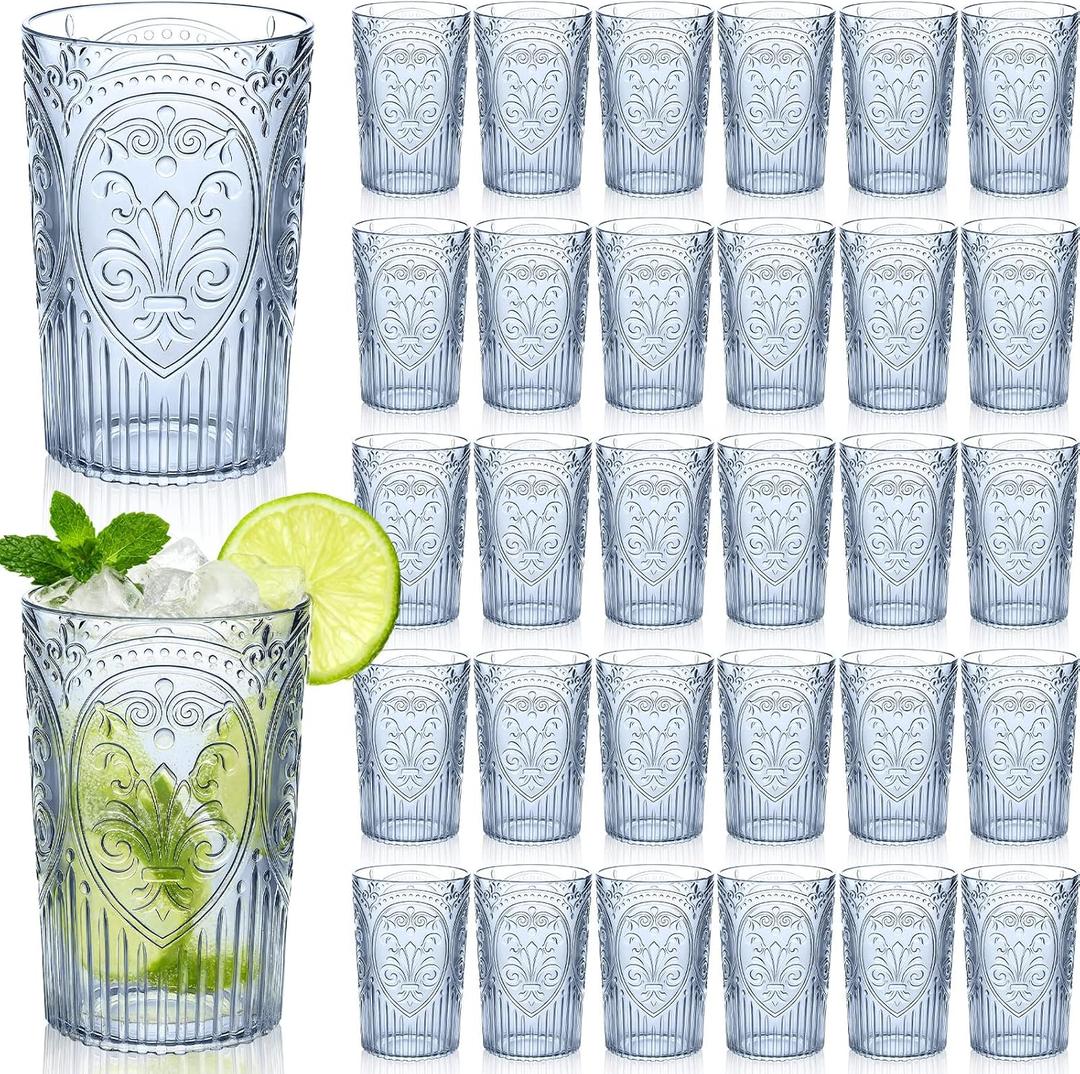 Plastic Vintage Drinking Glasses - 16 oz Stemless Ribbed Highball Glasses Bulk Embossed Reusable Cups for Water Beer Cocktails Juice Wedding Bridal Shower Birthday Event Party(Blue,48 Pcs), 3.1 inch /8 cm x 5.1 inch / 13 cm