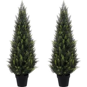 3FT Artificial Cedar Topiary Trees (2 Pack) - UV Resistant Faux Evergreen Shrubs Extra Dense Foliage Realistic Fake Pine Cypress Plants Easy Assembly for Front Porch Garden Indoor Office Decor