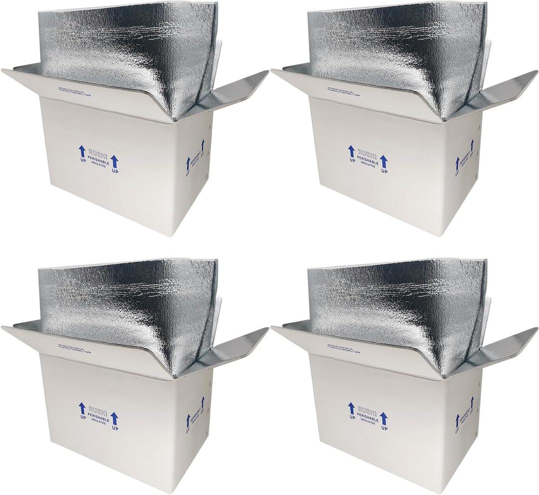 Insulated Shipping Boxes with Liners, 4 Pack 15'' x 10'' x 11'' Small Cold Shipping Boxes, for Perishable Frozen Food Shipping, White (TB151011L-4)