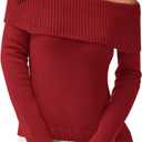 PRETTYGARDEN Off The Shoulder Sweater for Women 2026 Fall Fashion Cute Long Sleeve Tops Winter Ribbed Pullover Knit Outfits (Large, Rust Red)