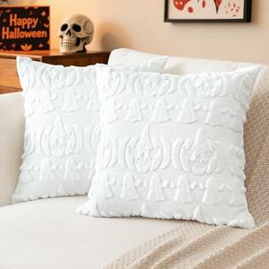 Pack of 3 Artscope Halloween Pillow Covers 16 x 16 Set of 2 Decorative Ghost Holiday Pumpkin Throw Pillow Cases Soft Plush Faux Fur Couch Cushion Case for Farmhouse Halloween Sofa Bed Room Home Decor-White