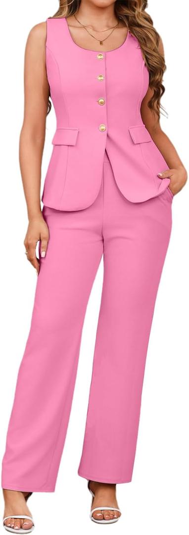 Womens Vest Sets 2 Piece Outfits Pant Suits for Women Dressy Sleeveless Blazer and Wide Leg Pants Set Business Casual (Medium, Pink)