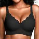Cuteio Wireless Bras for Women No Underwire, S-2XL, Seamless Bralette with Support, Everyday Full Coverage Comfortable Bra, V Neck with Wave, Adjustable Straps, Black