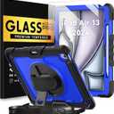 BLOSOMEET Protective Case for iPad Air 13 Inch Case M3 2025 & M2 2024 with Tempered Glass Screen Protector & Pencil Holder,Rugged Cover for iPad Air M2 with Stand Hand Shoulder Strap (Blue)