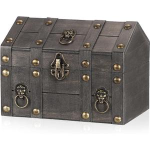 ELLDOO Vintage Treasure Chest Box, Pirate Keepsakes Box for Kids Gifts Pirate Theme Party, Wooden Treasure Storage Box Decorative Box for Jewelry Pearl Trinkets, Vintage Grey