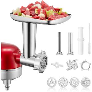 Meat Grinder Attachment for KitchenAid Stand Mixer, 15PCS Stainless Steel Meat Grinder Accessories for Kitchen Aid With 4 Grinding Plates, 2 Sausage Stuffer Tubes, 3 Grinding Blades, 1 Large Food Tray