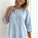 Women's 2026 Summer 3/4 Sleeve Tops Casual Striped T Shirts Crewneck Loose Office Work Shirts Cotton Blouses (Blue, L)