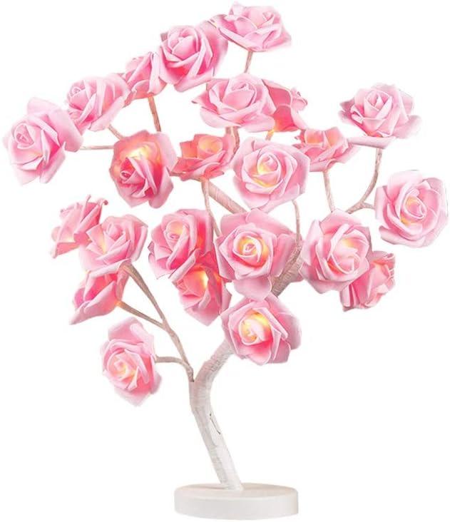 Table Lamp Rose Flower Desk Tree Lamp with 24 Warm White LED Lights USB/Battery Operated Gift for Women Teens Girls Table Lamp for Party Wedding Christmas Indoor Outdoor