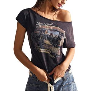 RoseSeek Women's Off The Shoulder Graphic Tees Washed Crop Tops Short Sleeve T Shirts (L)