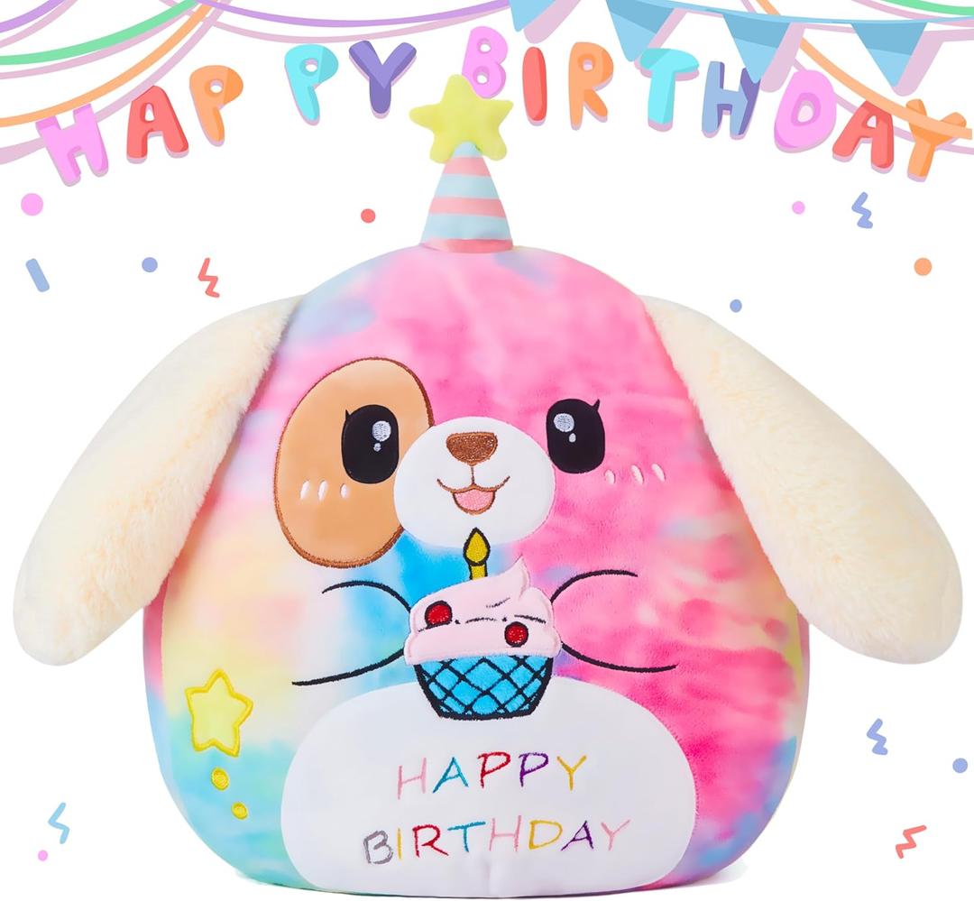Original 14.5-Inch Large Happy Birthday Dog Plush Pillow Stuffed Animal Toy Big Size Cute Soft Kawaii Cuddle Huggable Plushie,Gift for Kids