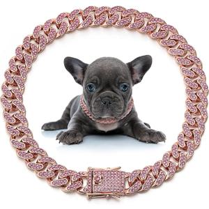 LEIFIDE Dog Chain Collar Diamond Link Puppy Collar 12 mm Wide Dog Necklace Metal Cat Chain Pet Crystal Necklace Jewelry Accessories for Small Medium Large Pet(16 Inch,Rose Gold, Pink)