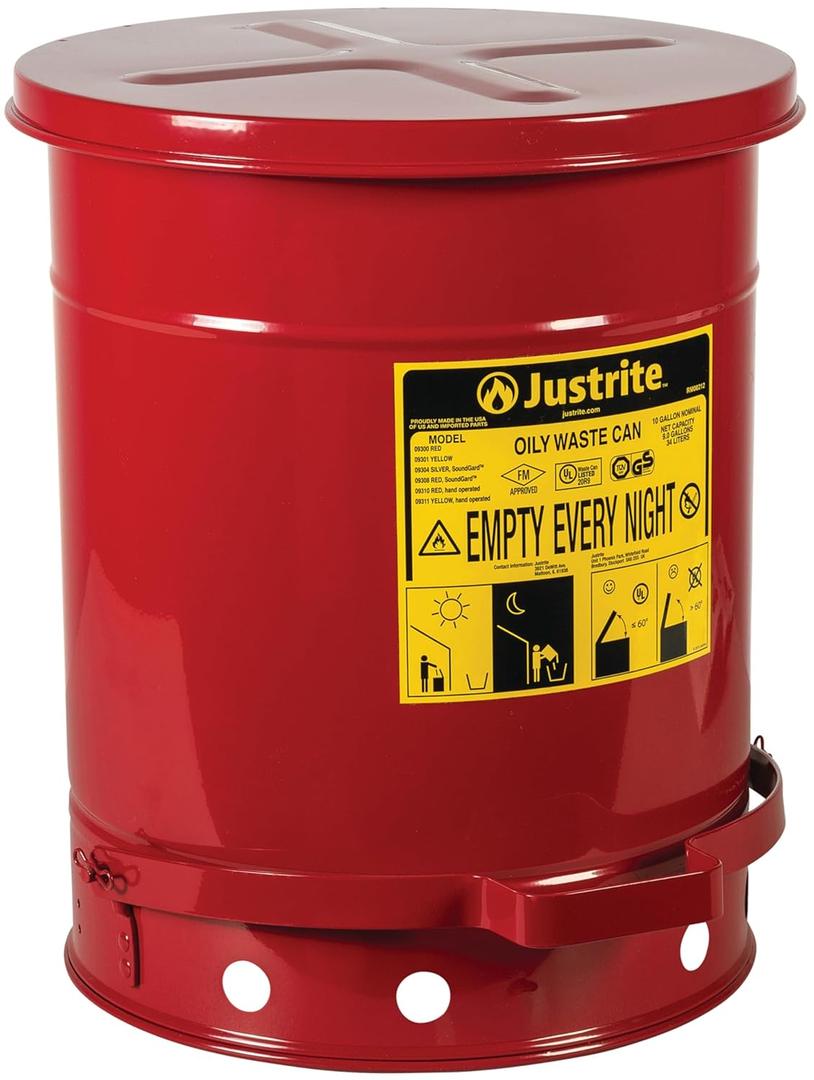 Justrite 10 Gallon Galvanized Steel Oily Waste Can, 18" x 14" Metal Oil Rag Safety Can With Foot Operated Self-Closing Lid for Oil Rag Disposal, Made in the USA, Red, 09300