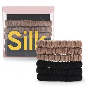 6Pcs Mulberry Silk Slip Skinny Hair Scrunchies - 22 Momme Pure Silk Ponytail Holders for Women & Girls (Color 02) (Black&Brown)
