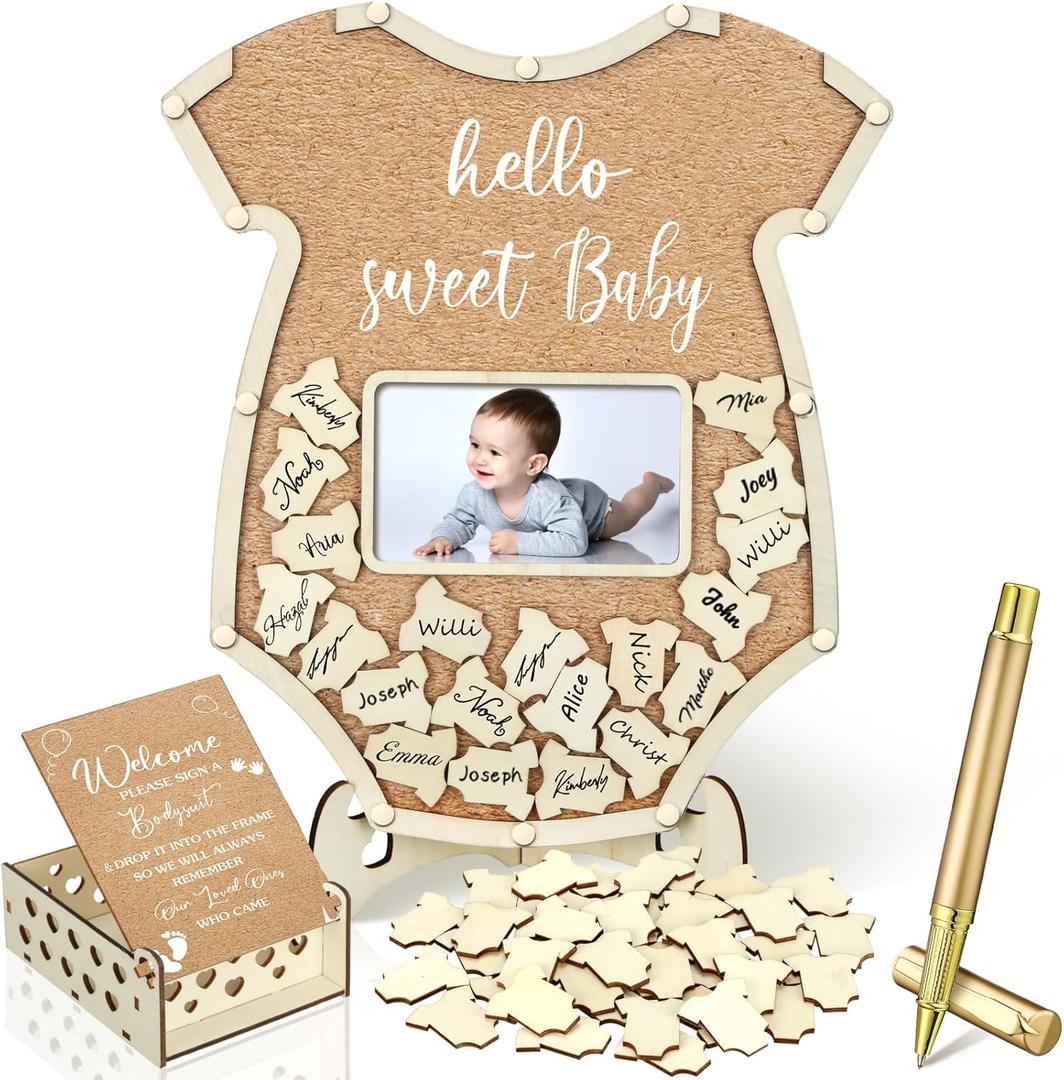 Wenqik 63 Pcs Baby Shower Guest Book Alternatives Set Baby Shower Decorations with Photo Frame Sonogram Frame Keepsake 60 Wood Slices Guest Book for Birthday(Bodysuit)