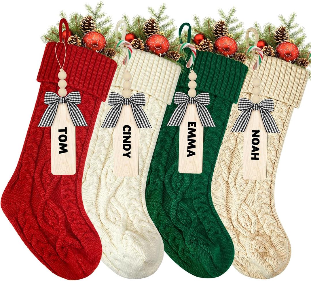 18 Inches Personalized Christmas Stockings: 4 Pack Ivory Red Green Khaki Knit Christmas Stockings Set with Name Tags Christmas Decor Neutral Xmas Decorations Holiday Farmhouse Indoor Home Decor