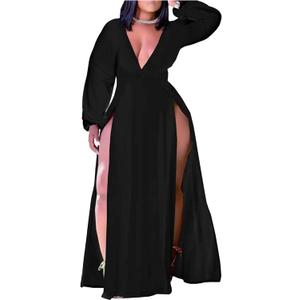 Ekaliy Women's Plus Size Sleeveless Deep V Neck Front Split Long Maxi Wrap Dress (Medium, 2#black)