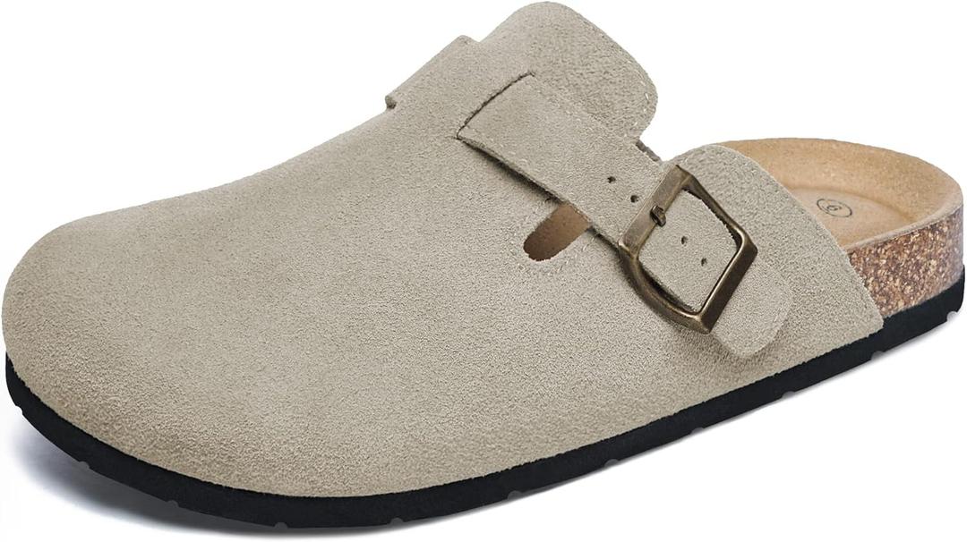 Xiakolaka Women's Suede Clogs Adjustable Buckle Slip on Footbed Home Clog Slippers (9, Beige)