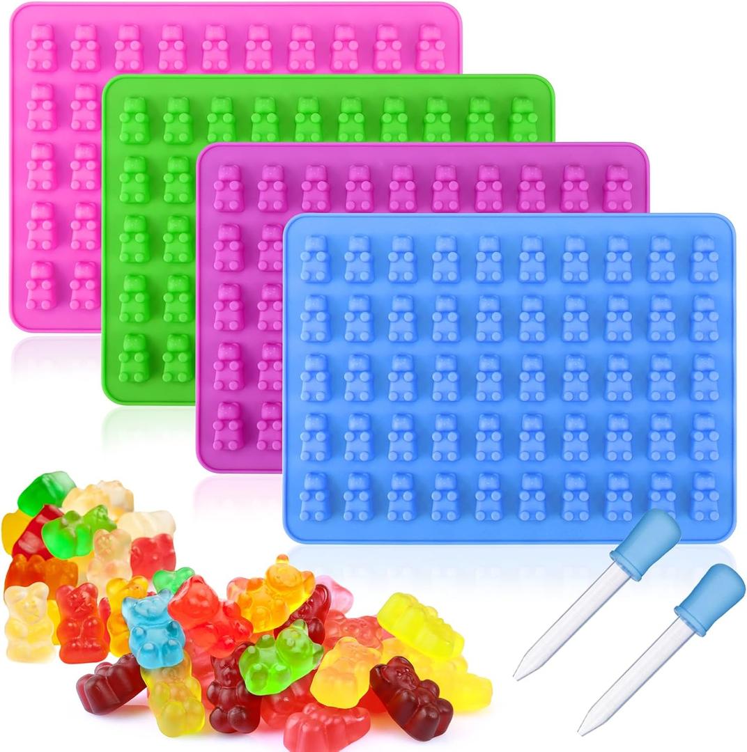 Palksky 4Pcs Gummy Bear Mold Silicone, Fruit Snack Molds, Gummies Trays Molds with Dropper for Candy Chocolate