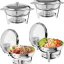 Chafing Dish Buffet Set 4 Pack, 5QT Round Stainless Steel Chafer and Food Warmers with Food & Water Pan, Lid, Frame, Fuel Holder for Catering, Parties, Events, Wedding, Camping, Dinner