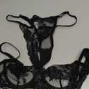 Kaei&Shi Floral Embroidered Mesh Sheer,Underwire Satin Bow,High Cut Thong,Belt Garter Lingerie (2-4, Black)