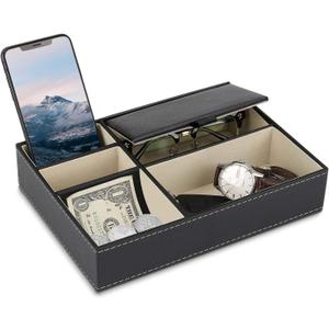 Baoyun Mens Valet Tray Organizer, Mens Jewelry Box, Nightstand Organizer with 5 Compartments, Dresser Faux Leather Storage Box for Wallet, Phone, Keys (Black)