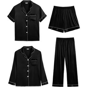 SWOMOG Women 4Pcs Silk Pajamas Set Button Down Sleepwear Loungewear Pj Sets for Ladies Nightwear (Medium, Black)
