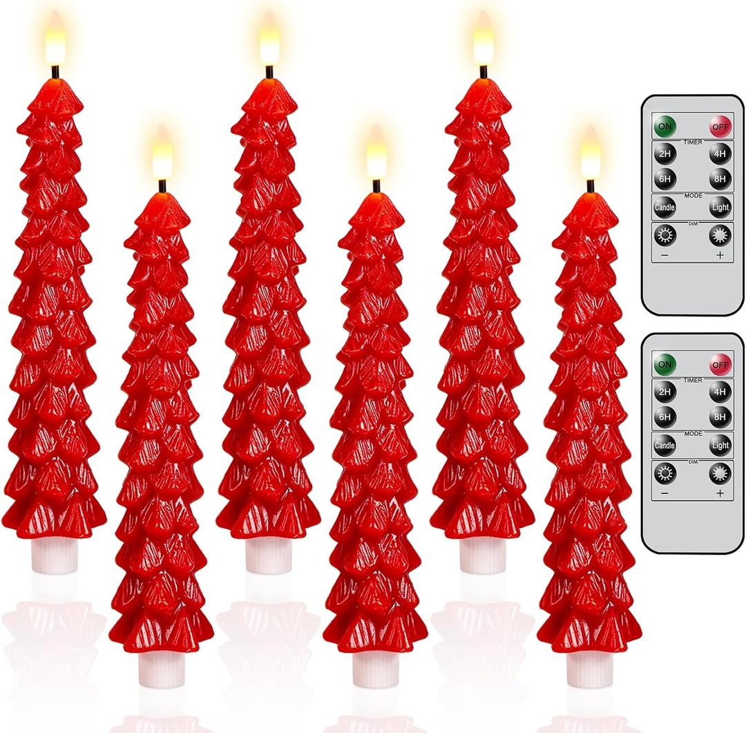KunSwenn Christmas Tree Candles, Red Christmas Taper Candles, Set of 6 Real Wax LED Flameless Taper Candle, 9.8 Inch LED Tree Candlesticks for Xmas Home Decor