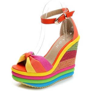 Women Straw Super High Heel Rainbow Sandals,Fish Mouth Wedge Roman Y2K Sandal,Adjustable Ankle Strap Espadrilles Platform Candy Color Party Dress Shoes, 40