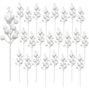Huisipool 24 Pieces Christmas Glitter Berries Stems Artificial Berry Twig Stem Berry Picks Decorations for Christmas Ornaments, DIY Xmas Wreath, Holiday and Party Decor (White)