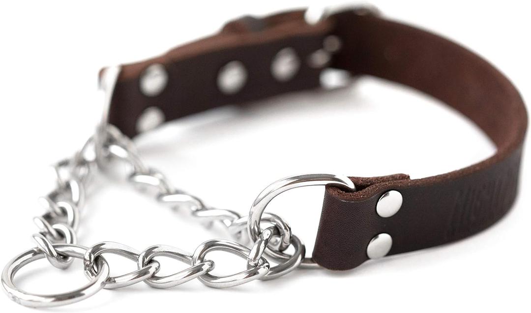 Mighty Paw Martingale Dog Collar - No Pull Design - Stainless Steel Chain - Limited Chain Cinch Training - Brown Leather Martingale Training Collar - Small Size