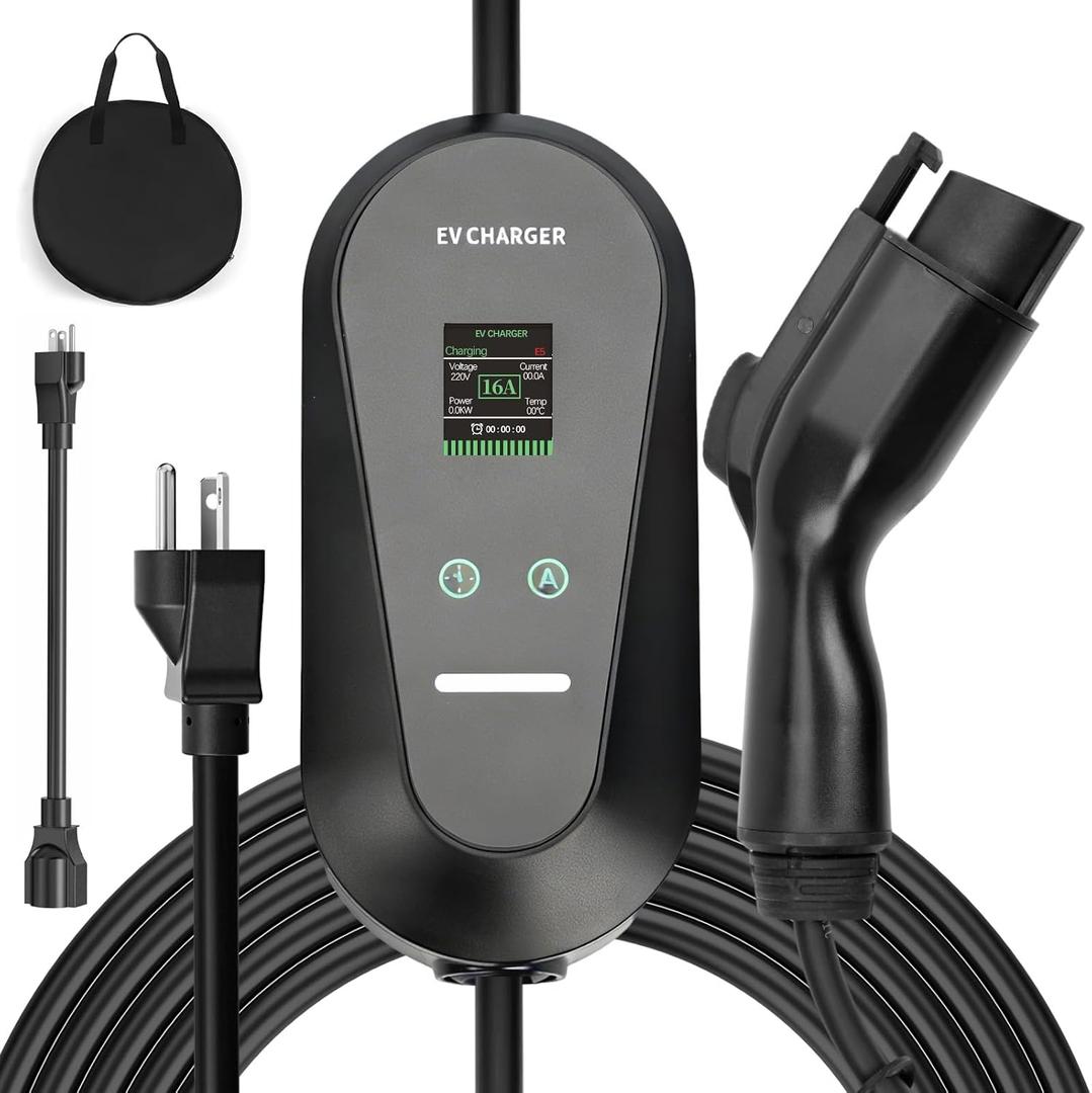 Level 1+2 Portable EV Charger for Electric Cars, 16A 3.5KW with 1.8 Inch LCD Display, 110V-240V, 6-20P Power Plug, J1772 Compatible, Applicable to Household Electricity