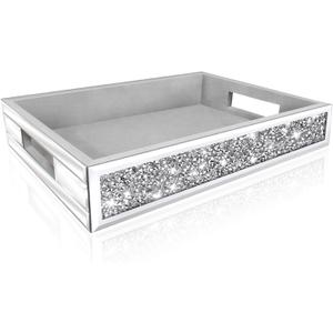 Wocred Mirror Perfume Tray fits Dresser Bedroom,Crushed Diamond Bathroom Tray with HandlesVanity Tray,Decorative Serving Tray for Coffee Table Decor(14x 10x 2.5) (Silver)