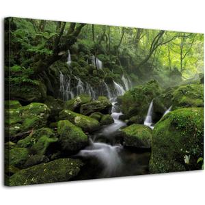 Foggy Forest Canvas Wall Art for Living Room Green Trees Scenery Painting Prints 24x36”, Misty River Stream Photo Framed Spring Landscape Natural Moss Scene Artwork Office Bedroom Home Decorations