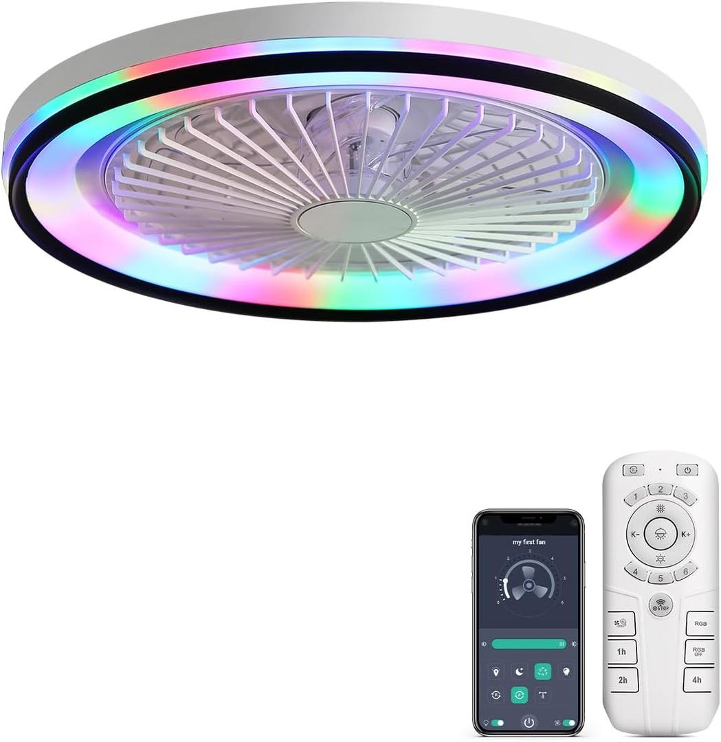 CACI Mall RGB Ceiling Fan with Lights and Remote, Low Profile Flush Mount Modern Bladeless Smart Ceiling Fan for Bedroom Kids Room Living Room, 19 Inch, White