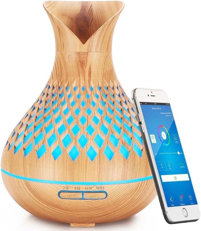 Smart WiFi Essential Oil Diffuser, 500ml Aromatherapy Diffuser Humidifier for Large Room, Works with App & Alexa Google Home Voice Control, 7 LED, Create Schedules and 4 Timer, Auto Off, Light Wood