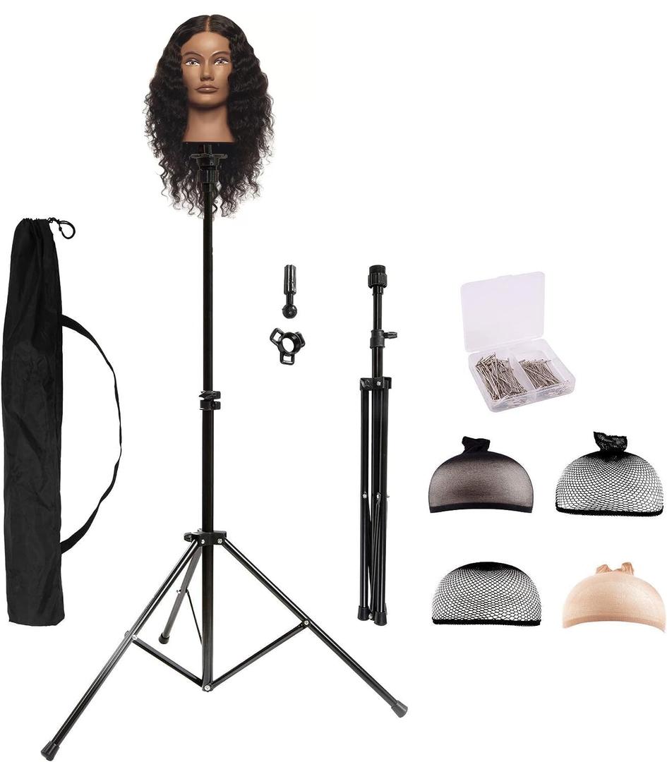 HYOUJIN Wig Head Stand, Metal Wig Stand Tripod Holder for Mannequin Heads, 35.4-52.4 in, Black