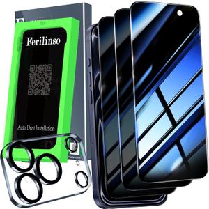 2 x Ferilinso Auto-Dust-Install 3 Pack Privacy Screen Protector for iPhone 17 Pro Max with (Private Accessories)-Metal Aluminum Alloy Camera Lens Protector, Tempered Glass Cover, Case Friendly